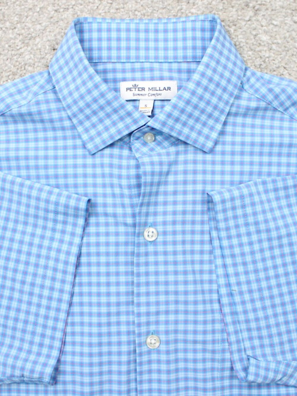 Peter Millar Shirt Mens Small Blue Check Summer Comfort Performance Short Sleeve